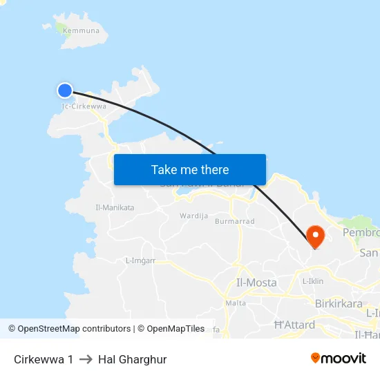 Cirkewwa 1 to Hal Gharghur map