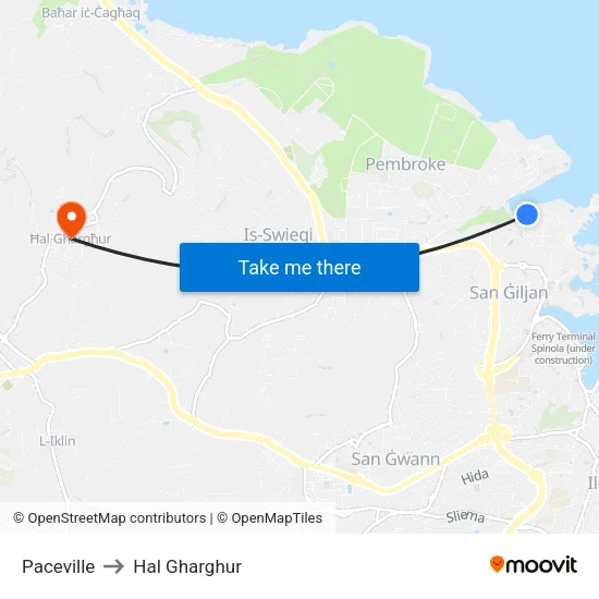 Paceville to Hal Gharghur map