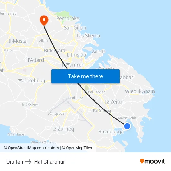 Qrajten to Hal Gharghur map