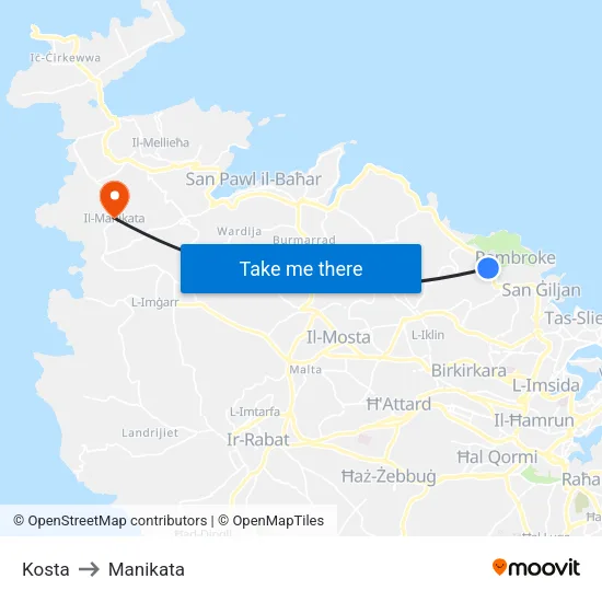 Kosta to Manikata map