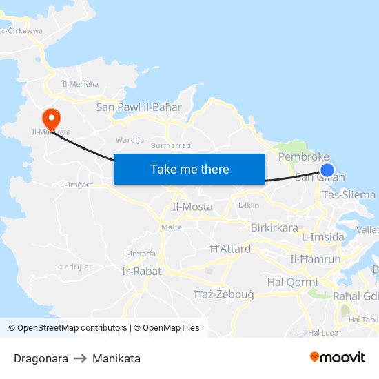 Dragonara to Manikata map