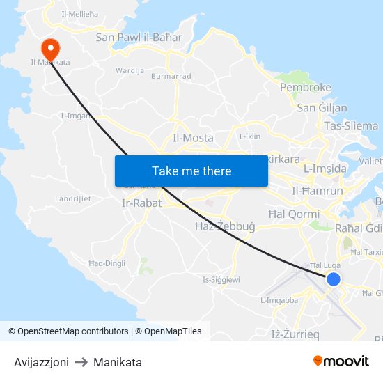 Avijazzjoni to Manikata map