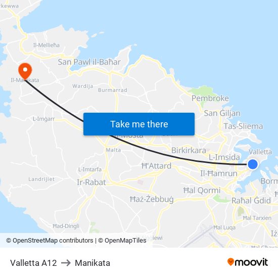 Valletta A12 to Manikata map