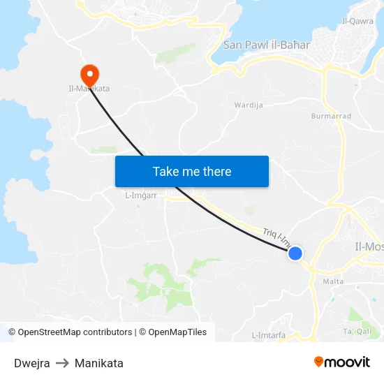 Dwejra to Manikata map