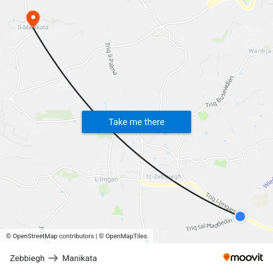 Zebbiegh to Manikata map