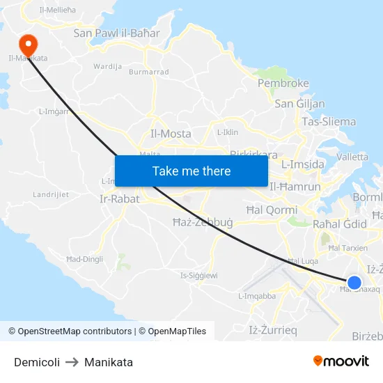 Demicoli to Manikata map