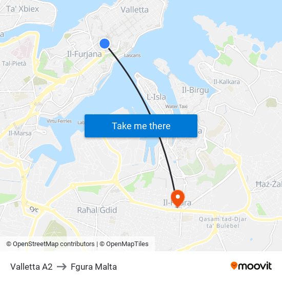 Valletta A2 to Fgura Malta map