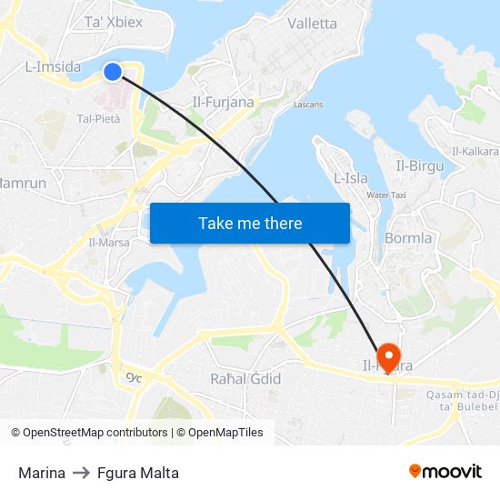 Marina to Fgura Malta map
