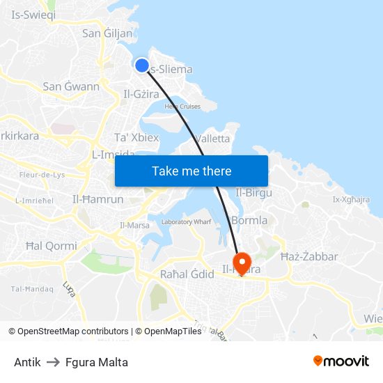 Antik to Fgura Malta map