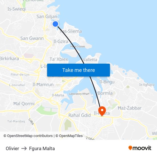 Olivier to Fgura Malta map