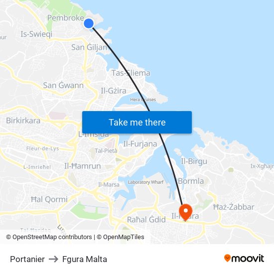 Portanier to Fgura Malta map
