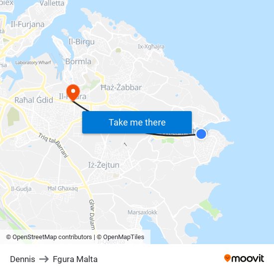 Dennis to Fgura Malta map
