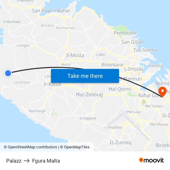 Palazz to Fgura Malta map