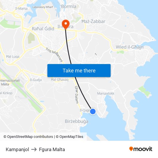 Kampanjol to Fgura Malta map