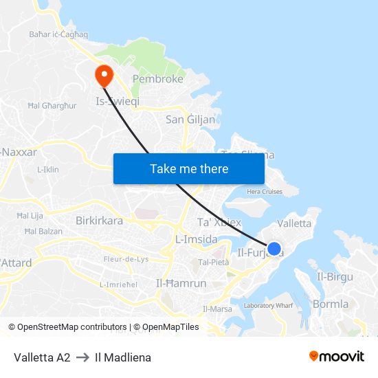 Valletta A2 to Il Madliena map