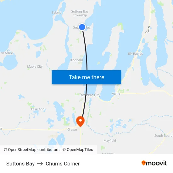 Suttons Bay to Chums Corner map