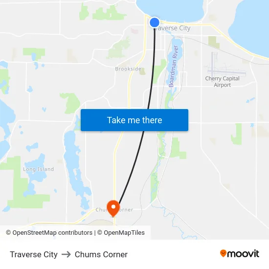 Traverse City to Chums Corner map
