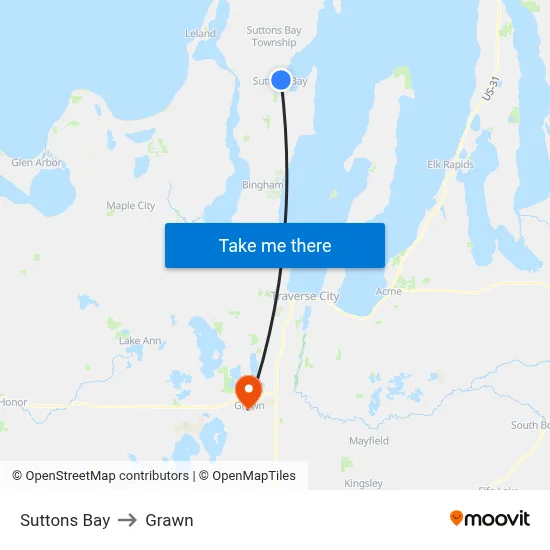Suttons Bay to Grawn map