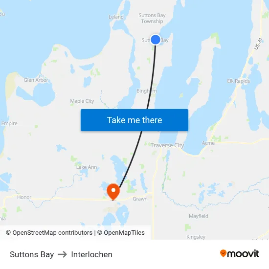 Suttons Bay to Interlochen map