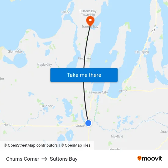 Chums Corner to Suttons Bay map