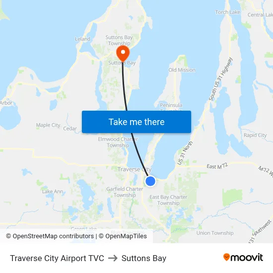 Traverse City Airport TVC to Suttons Bay map