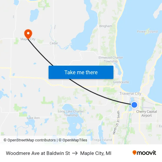 Woodmere Ave at Baldwin St to Maple City, MI map