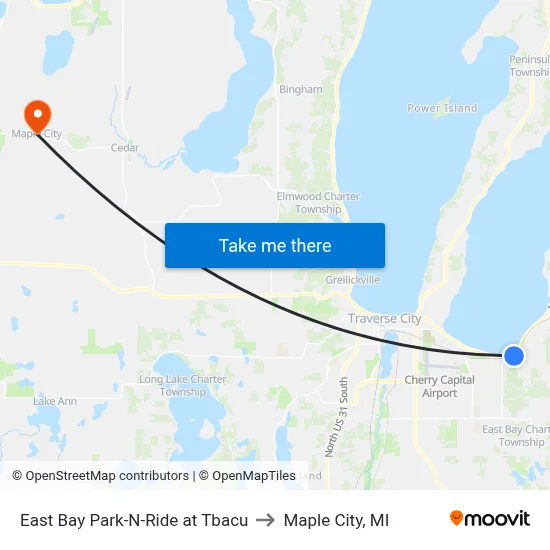East Bay Park-N-Ride at Tbacu to Maple City, MI map