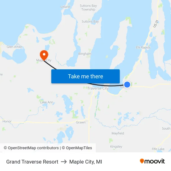 Grand Traverse Resort to Maple City, MI map