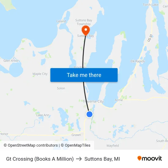Gt Crossing (Books A Million) to Suttons Bay, MI map