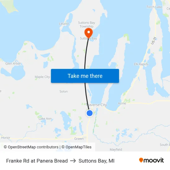 Franke Rd at Panera Bread to Suttons Bay, MI map