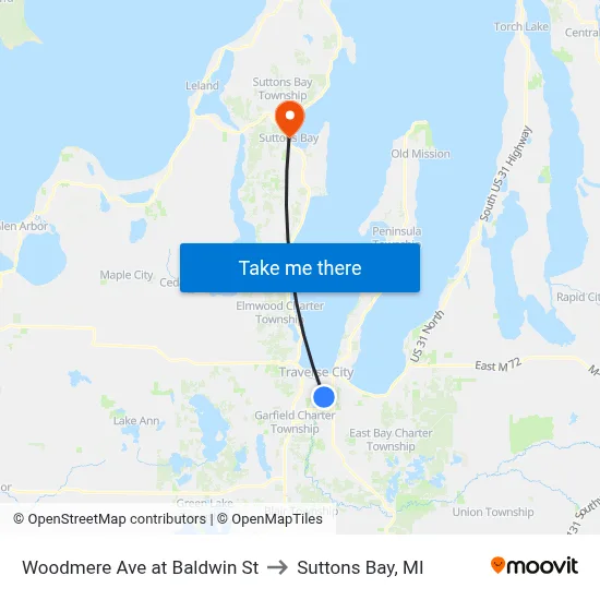 Woodmere Ave at Baldwin St to Suttons Bay, MI map
