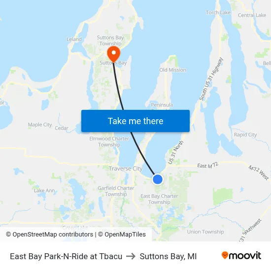 East Bay Park-N-Ride at Tbacu to Suttons Bay, MI map