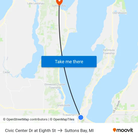 Civic Center Dr at Eighth St to Suttons Bay, MI map