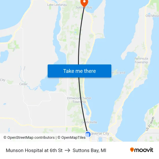 Munson Hospital at 6th St to Suttons Bay, MI map