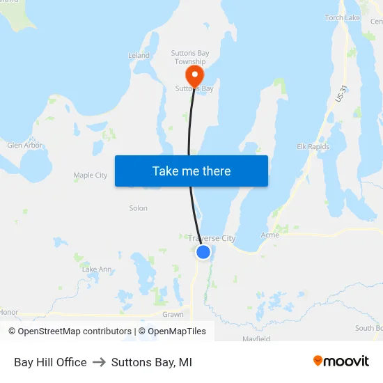 Bay Hill Office to Suttons Bay, MI map