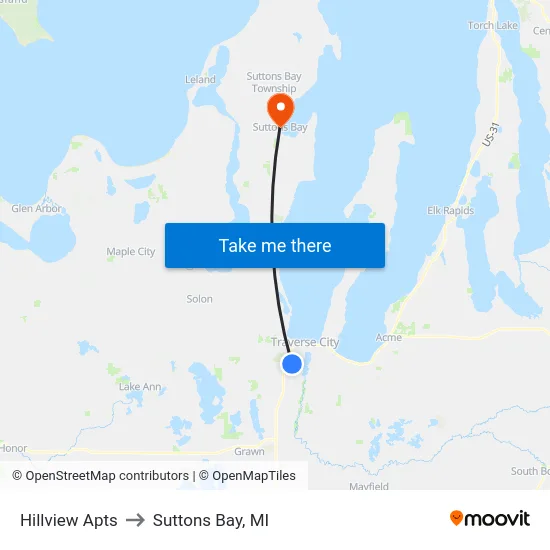 Hillview Apts to Suttons Bay, MI map