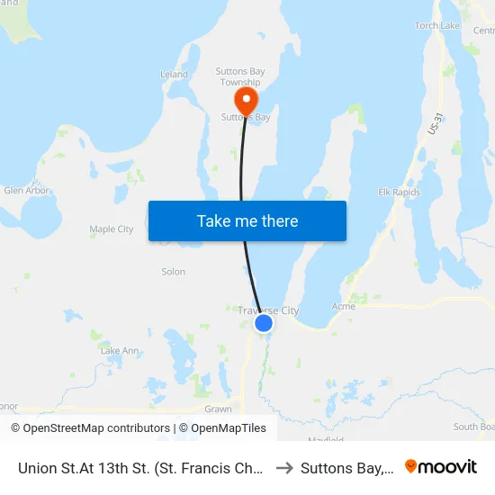 Union St.At 13th St. (St. Francis Church) to Suttons Bay, MI map