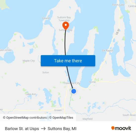 Barlow St. at Usps to Suttons Bay, MI map