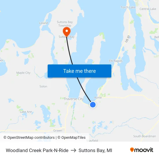 Woodland Creek Park-N-Ride to Suttons Bay, MI map