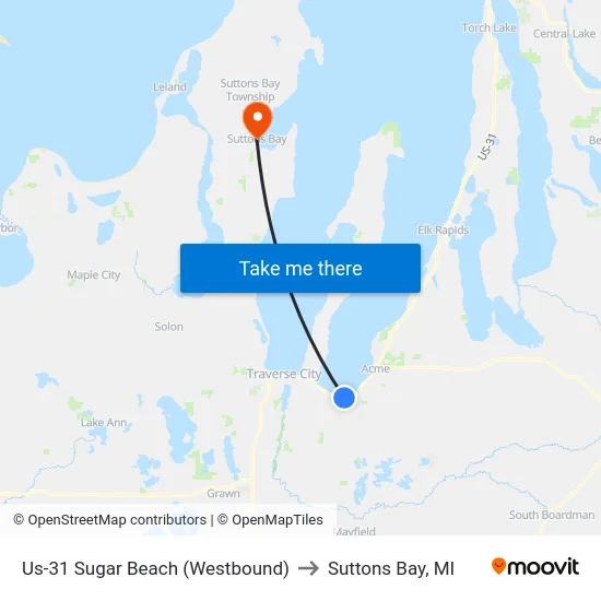 Us-31 Sugar Beach (Westbound) to Suttons Bay, MI map