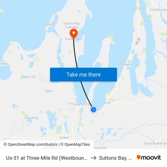 Us-31 at Three Mile Rd (Westbound) to Suttons Bay, MI map