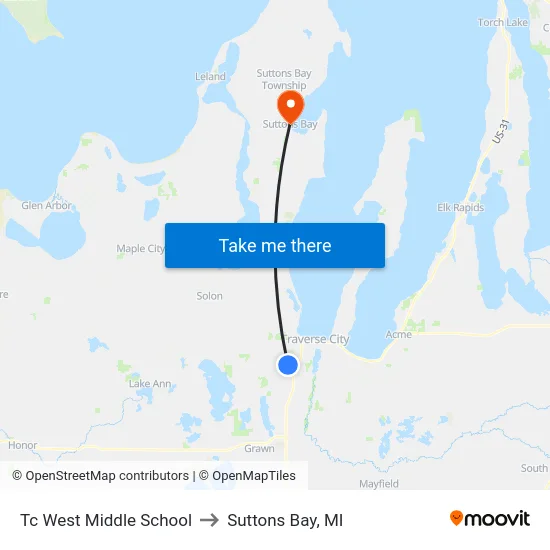 Tc West Middle School to Suttons Bay, MI map