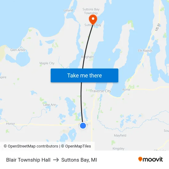 Blair Township Hall to Suttons Bay, MI map