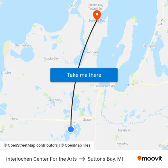 Interlochen Center For the Arts to Suttons Bay, MI map