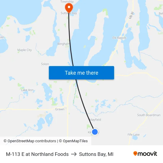 M-113 E at Northland Foods to Suttons Bay, MI map