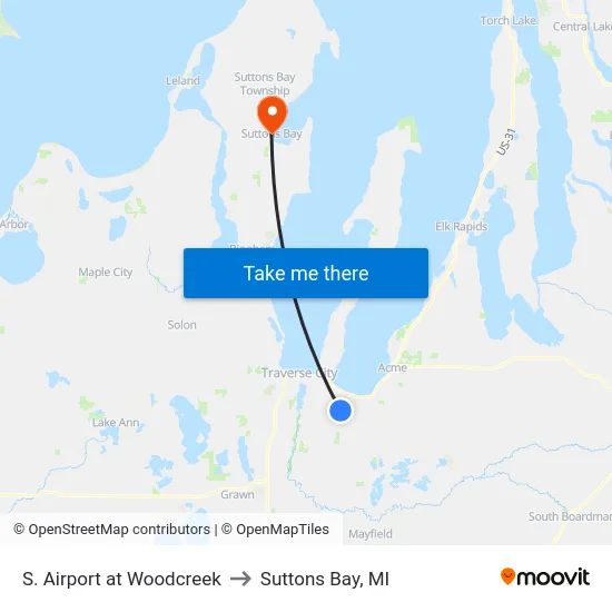 S. Airport at Woodcreek to Suttons Bay, MI map