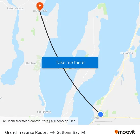 Grand Traverse Resort to Suttons Bay, MI map