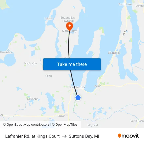 Lafranier Rd. at Kings Court to Suttons Bay, MI map