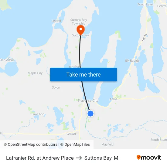 Lafranier Rd. at Andrew Place to Suttons Bay, MI map