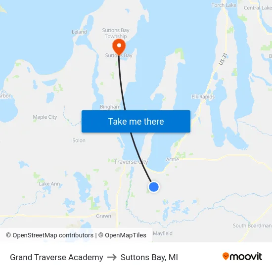 Grand Traverse Academy to Suttons Bay, MI map